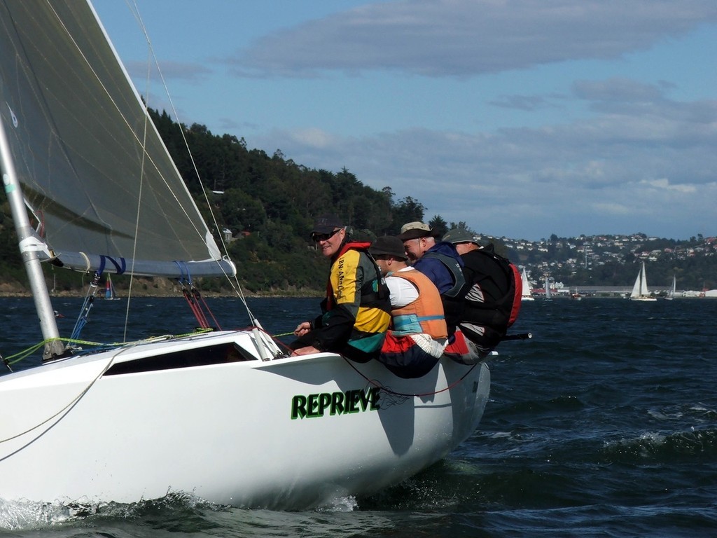                                       Richard Hawkins and team on Reprieve – extended Elder 680 at the Dunedin Festival regatta  © Event Media